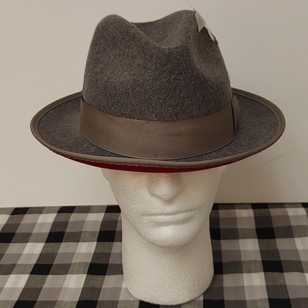Montique Mens Grey Matching Grosgrain Ribbon Red Bottom Wool Felt Dress Hat H75
